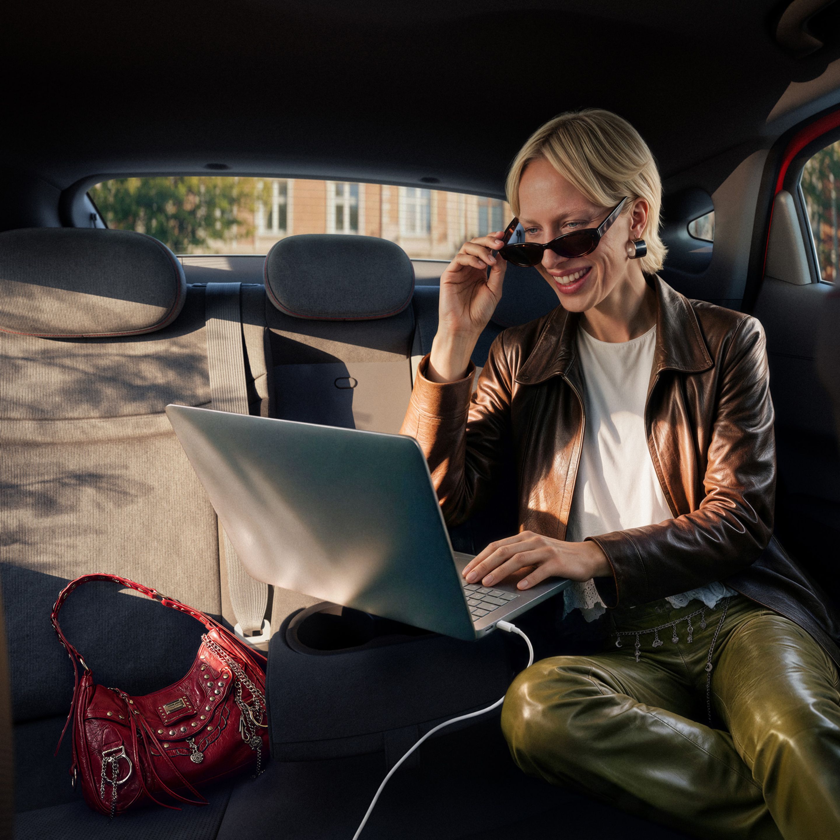 A woman typing on a plugged in laptop on the folded down middle rear seat inside the IONIQ 3.